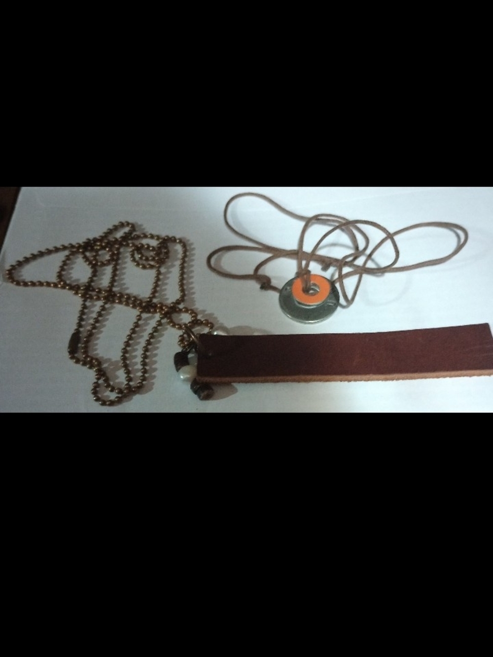 Leather Bar & Disc Pendant Necklace Set - Brown and Orange